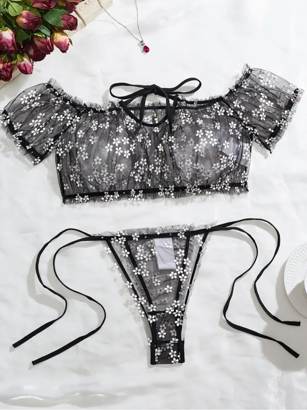 Black & White, Flower, Sheer, Lingerie Set